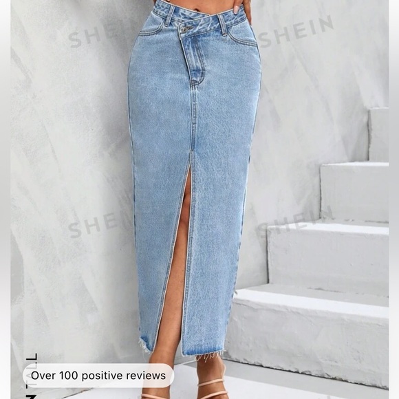 shein midi cross over denim shirt with slit - Picture 1 of 3